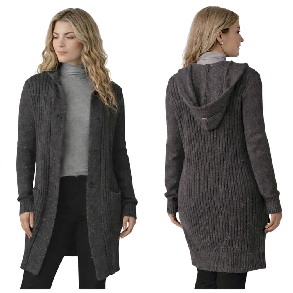 prAna Hidden Oasis Charcoal Duster Hooded Sweater Knit Cardigan Large F358